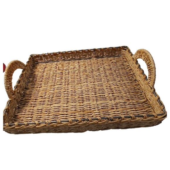 Crate & Barrel Rectangle Rattan Wicker & Metal Serving Basket Casserole Handles - Picture 2 of 9